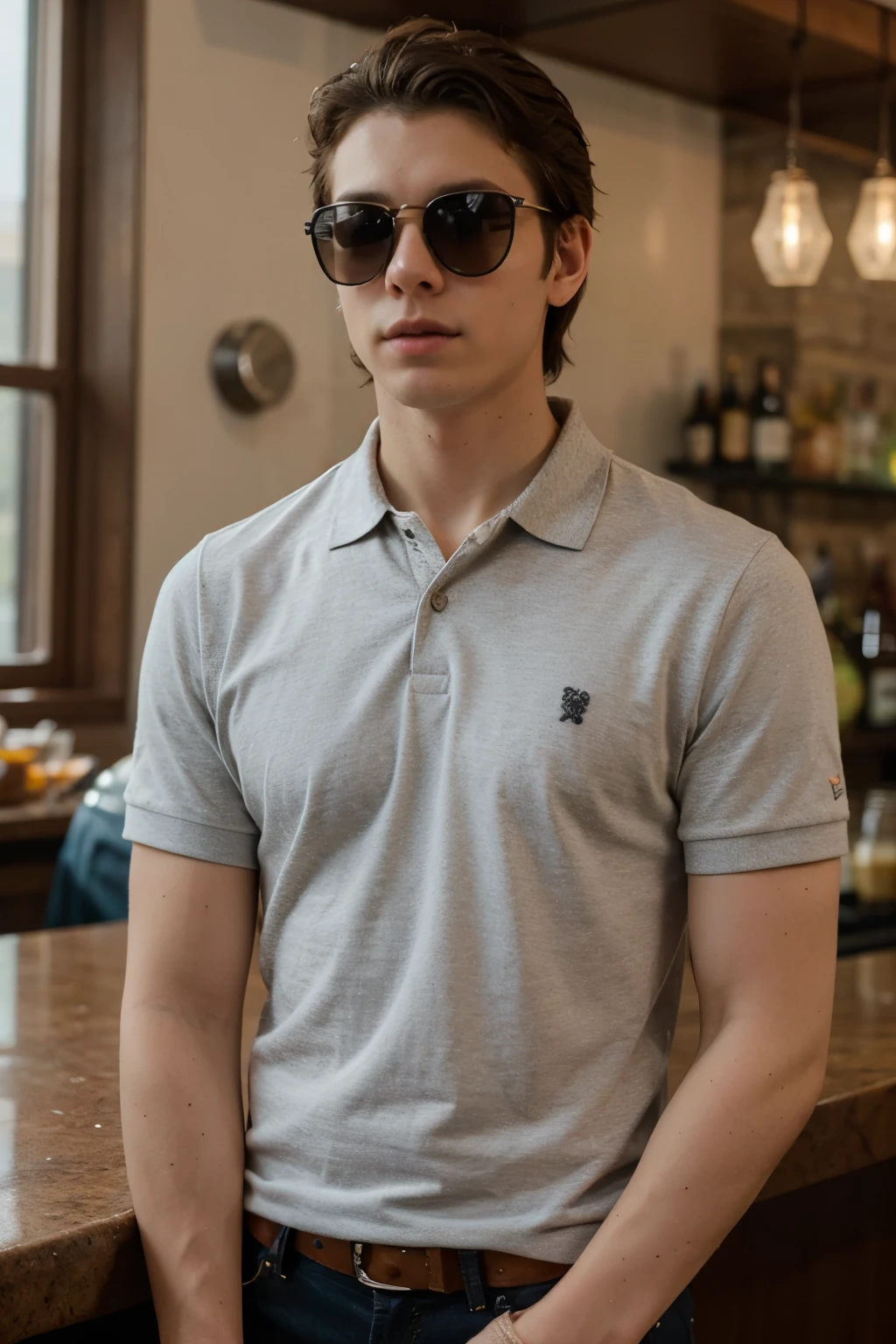 A young man, sporting a half-bust polo shirt and square sunglasses, enjoys breakfast at the bar with a touch of style.