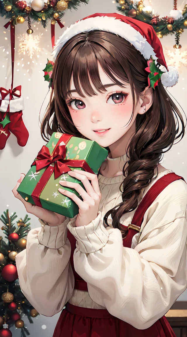 1lady solo, (holding up christmas presents:1.2), (showing the christmas gift towards viewers), (stylish winter outfit) mature female, /(dark brown hair/) bangs, (masterpiece best quality:1.2) delicate illustration ultra-detailed, christmas decoration, indoor