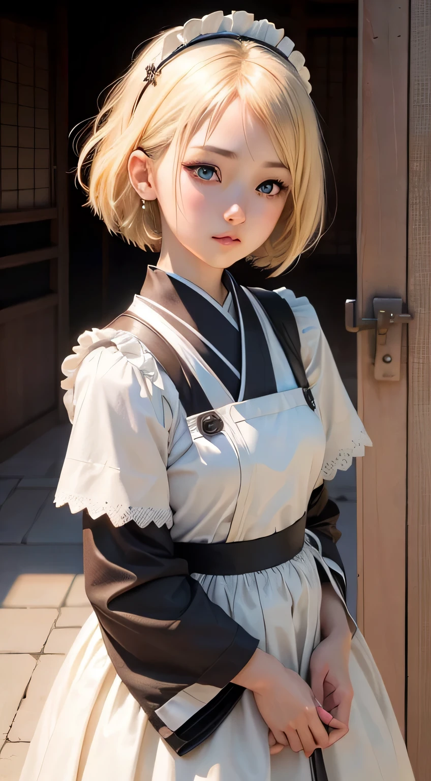 High Quality Cute Japanese Girl 20 Years Old Blonde Reality Gal Maid Fine Eyes Detailed Face　make it look like a picture　short-hair　boyish