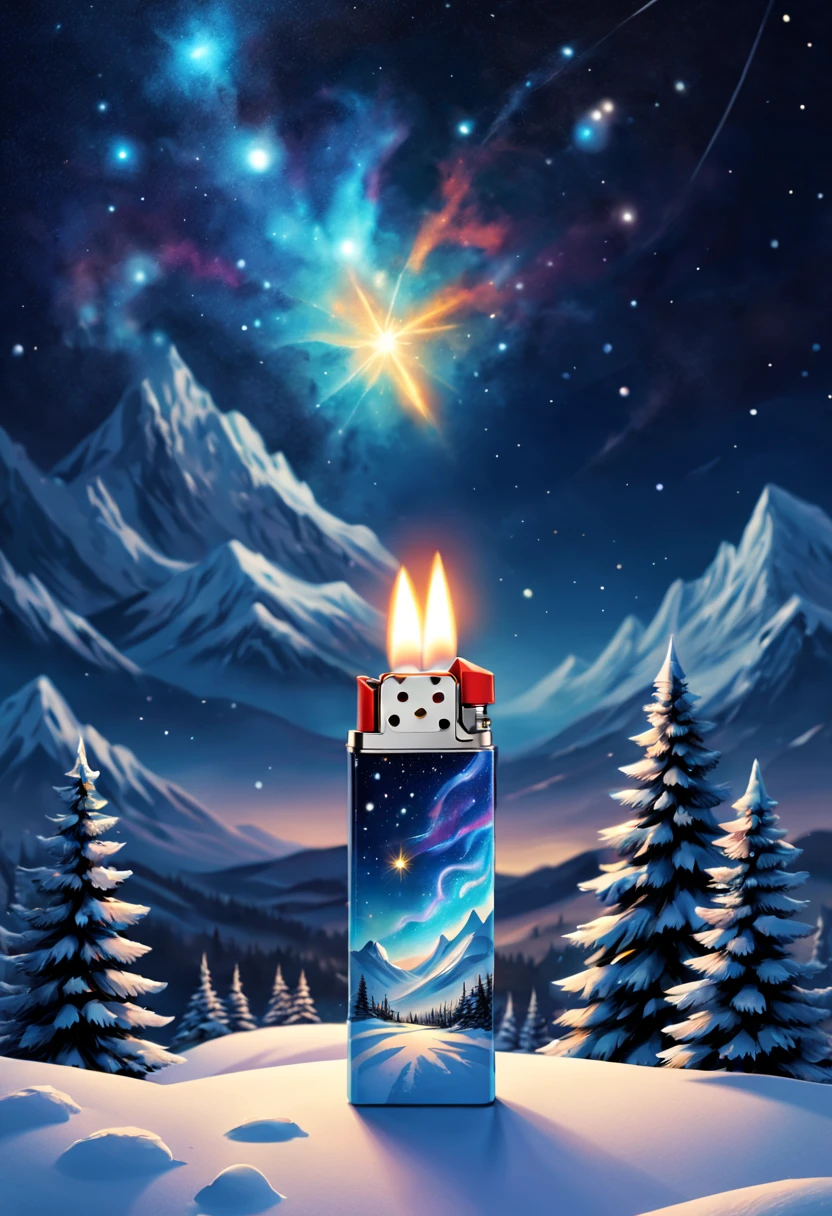 Christmas themed illustrations and designs of lighters,nigh sky,Cosmic elements,winter landscape,Beautifully wrapped gift,celebrating,cheerfulneshilarated,blissful。