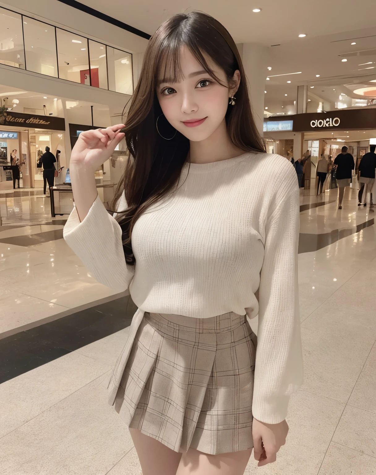masterpiece, Best Quality, Illustration, Ultra-detailed, finely detail, high resolution, 8K Wallpaper, Perfect dynamic composition, Beautiful detailed eyes, Big breasts, Natural Color Lip, posing randomly, Smile, ((shopping mall)), 20 years girl, full body shot, long hair, ((wearing casual outfit with skirt)), looking in front, standing, with a handbag