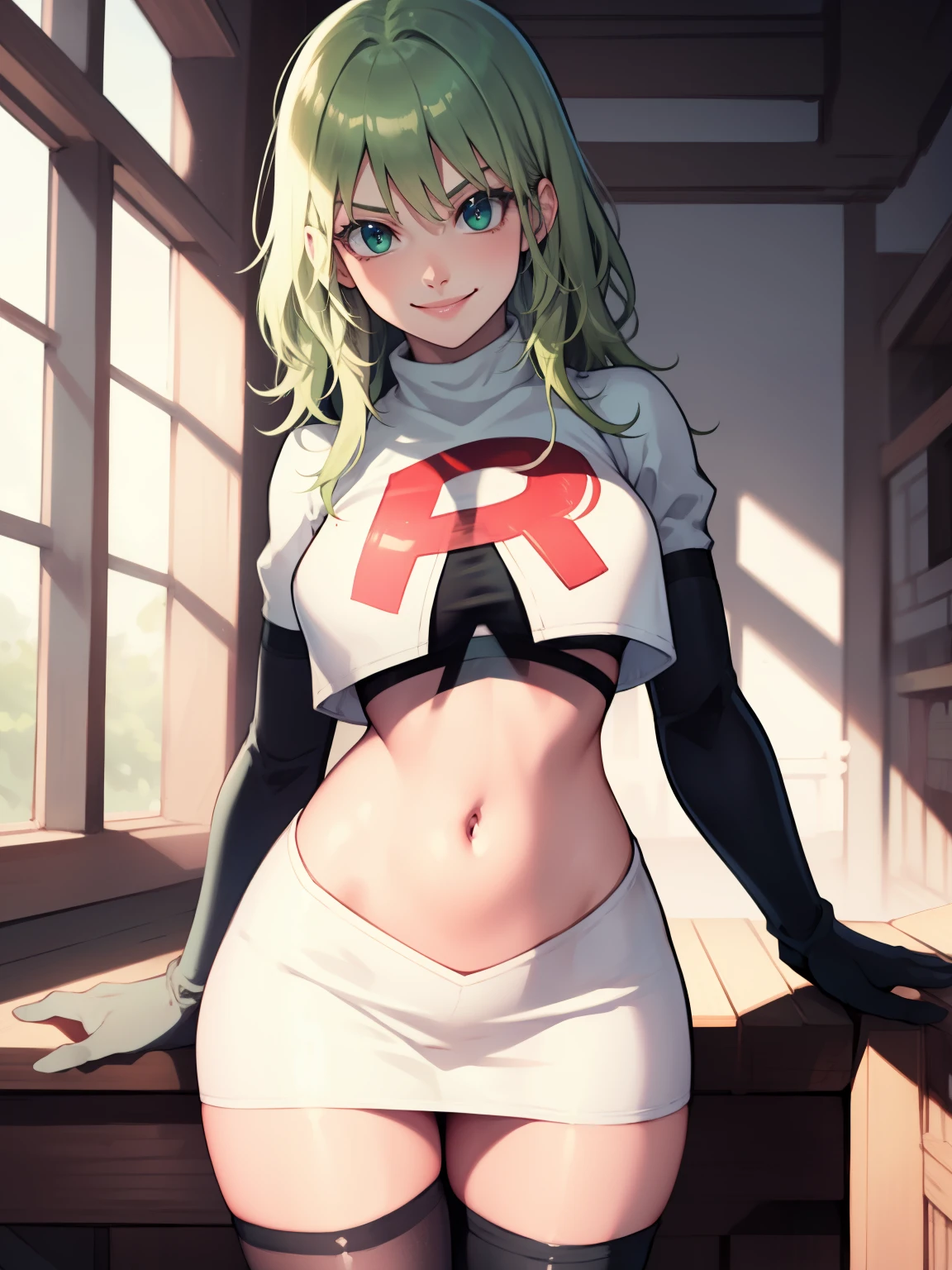 fembyleth, light green hair ,glossy lips ,team rocket uniform, red letter R, white skirt,white crop top,black thigh-high boots, black elbow gloves, evil smile, looking at viewer, cowboy shot