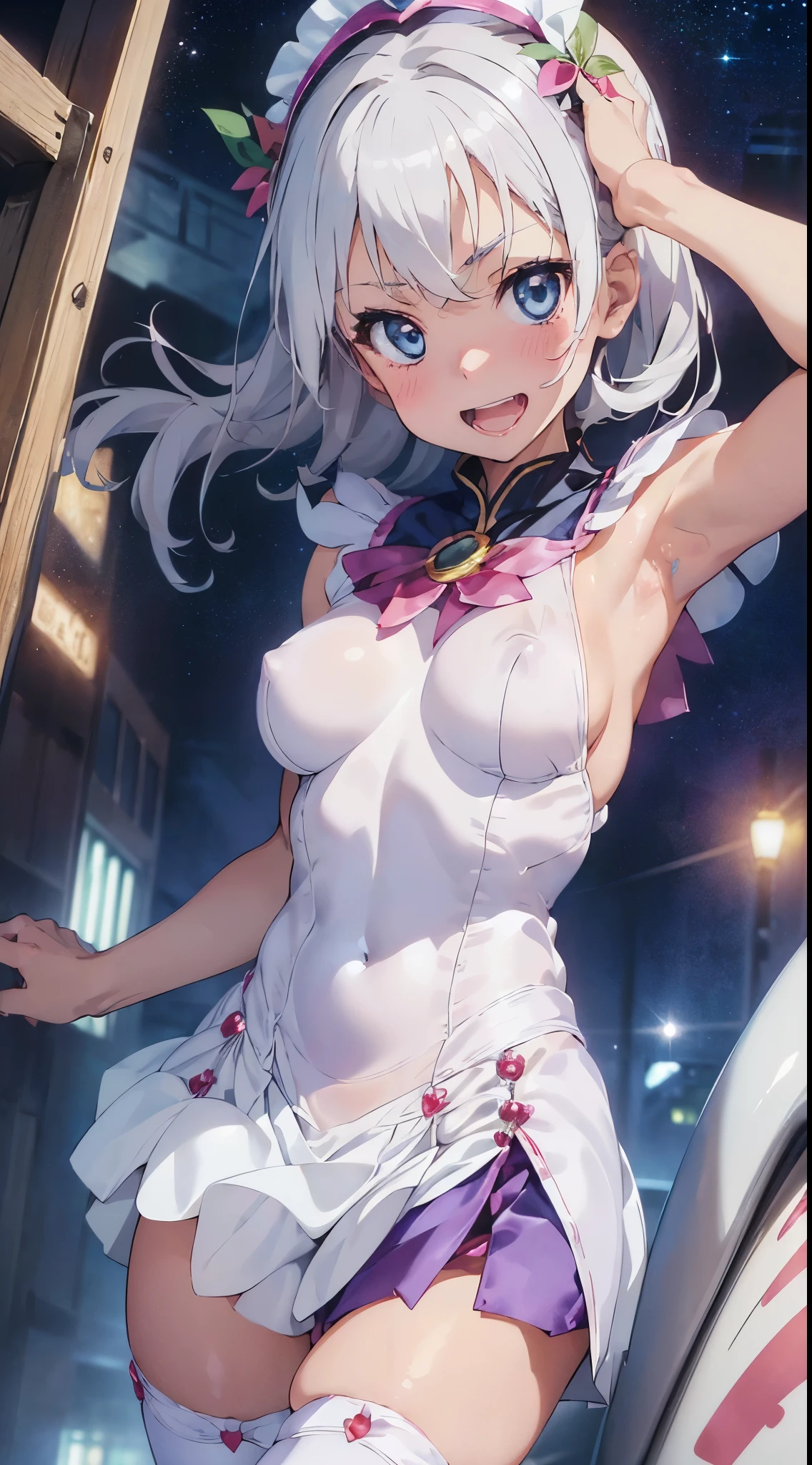 1womanl,White hair,14years ,(()),Beautiful ,((( magical girl,white shiny  and microskirt)))(())(((Blushing cheeks、Smile with open mouth)),(((Satin Narico))),((( portlate))),Blue eyes)))()Street,Crowds(magical girl hair ornament)