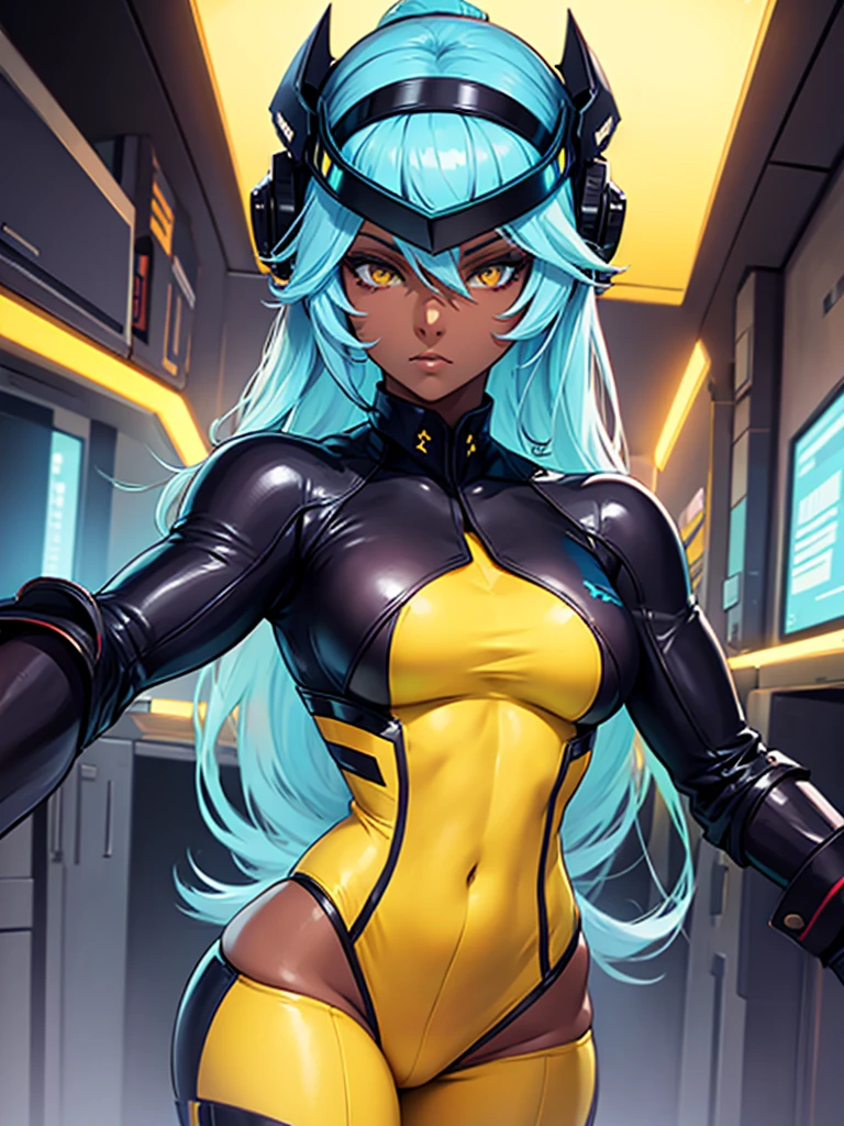 (best quality:1.2,highres,ultra-detailed), detailed face and body of Yuri from The Dirty Pair, stunning Asian beauty, expressive brown eyes, luscious lips, long flowing blue hair, (skimpy yellow outfit), (revealing cleavage), confident and sexy pose, (cyberpunk-inspired city background), neon lights illuminating the scene, vibrant colors, (futuristic and edgy atmosphere), stylish and sleek architecture, dynamic angles and composition, (sci-fi and anime fusion), perfect beauty 