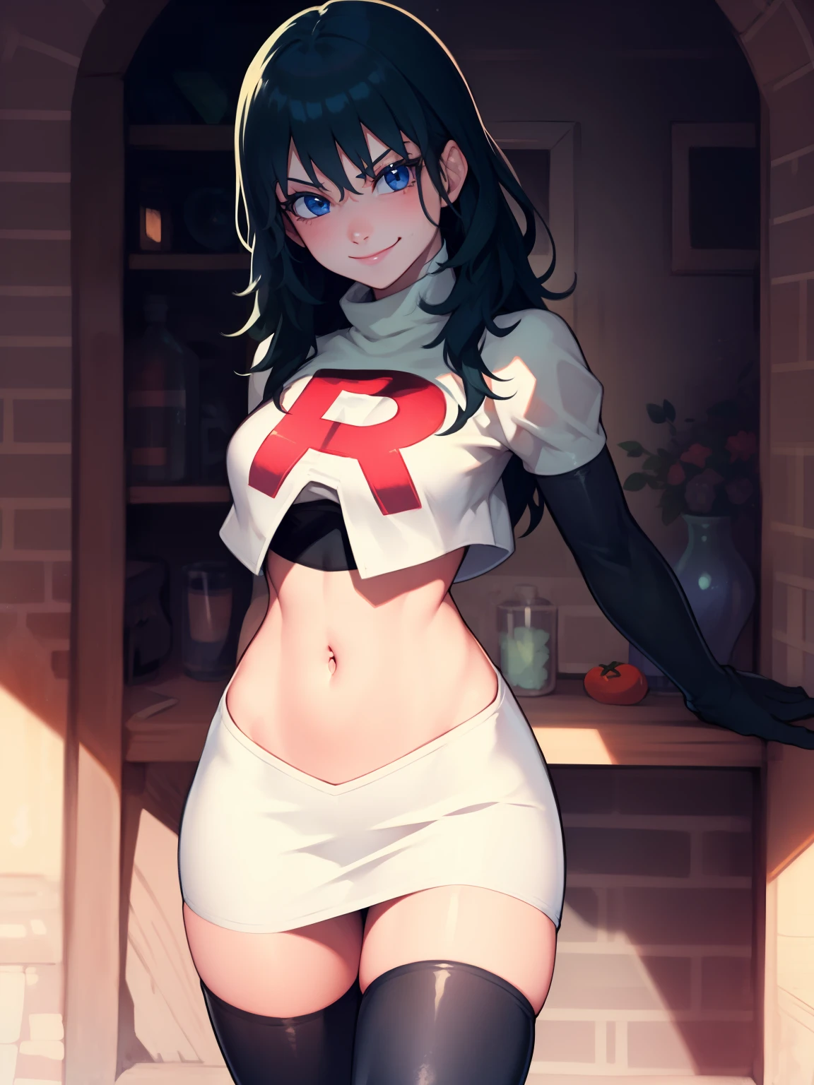 fembyleth ,glossy lips ,team rocket uniform, red letter R, white skirt,white crop top,black thigh-high boots, black elbow gloves, evil smile, looking at viewer, cowboy shot