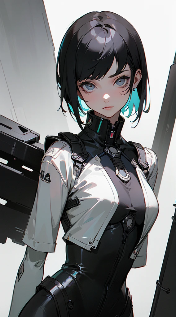 (master piece:1.2, best quality),(1lady,only,upper body:1.2)a close up of a girl with short hair and cyberpunk style, In black and white sketch, In the style of Zhang Jingna (modern clothes ) Looking at the Viewer, looking at the camera,