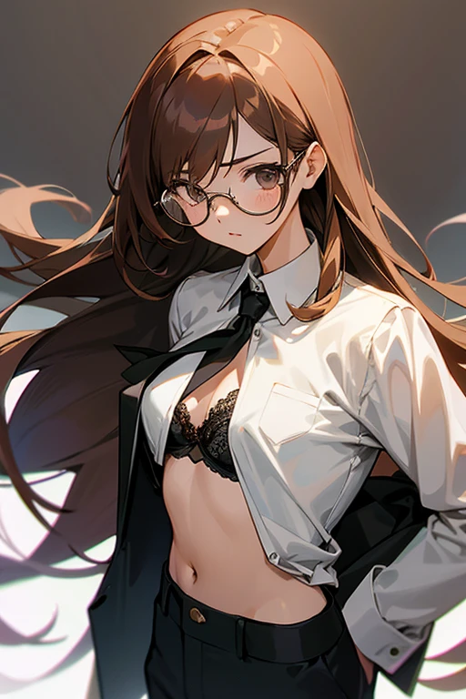 1girl, long hair, brown hair, small chest, white shirt, black pants, suit pants, glasses, anime, shear top, black bra, lace bra