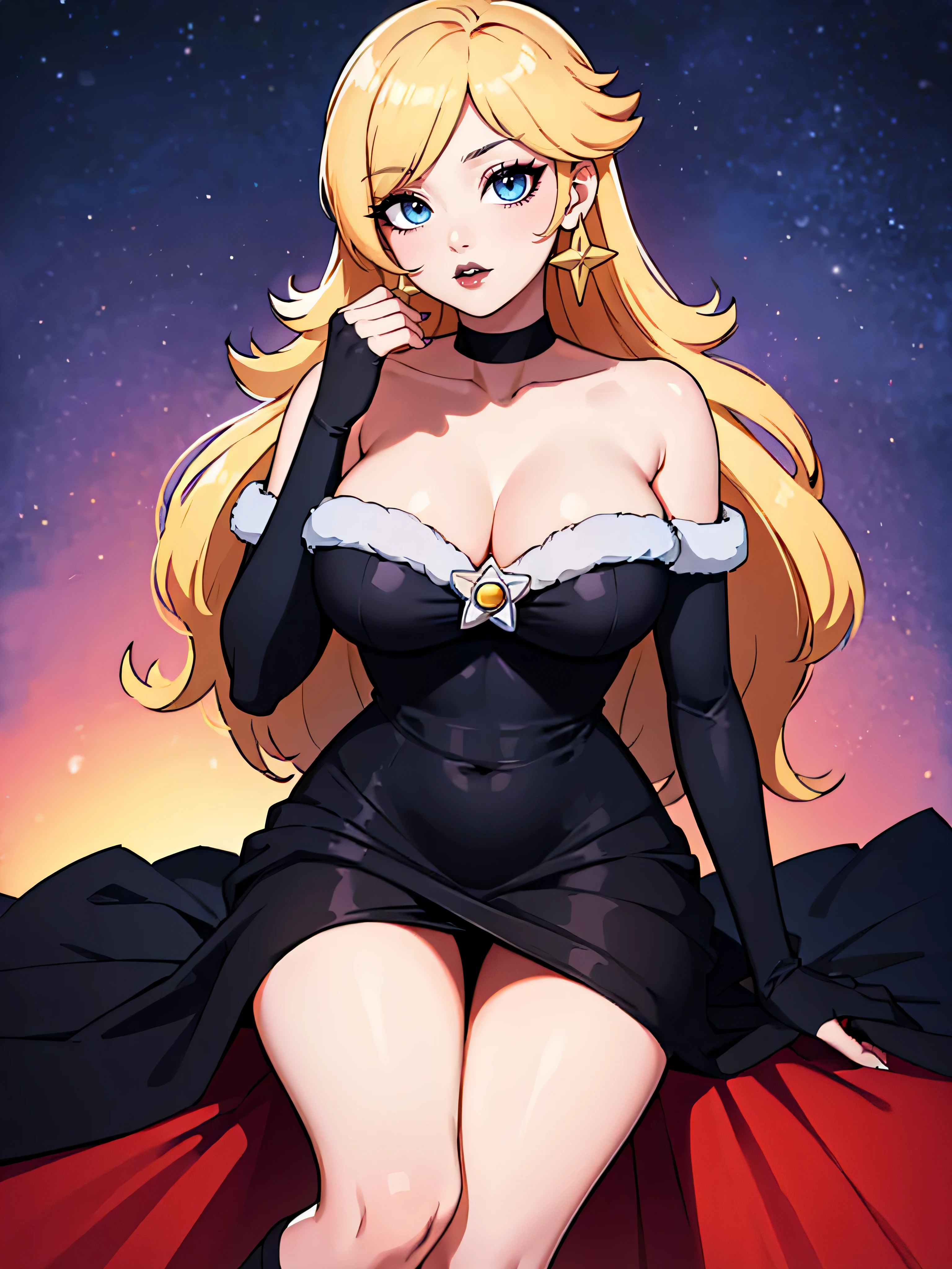 ((high detailed, best quality, 4k, masterpiece, hd:1.3)), ((best quality)), ((HD)), ((8k)), (ultraHD), log cabin, bonfire, Christmas Tree, X-Mas tree, Rosalina holding christmas gifts, BREAK blue eyes, seductive, attractive, smooth anime cg art, 36C breasts, long legs, vivid colors, detailed digital art, slim body, perfect skin, blonde hair, BREAK crown, cleavage, looking at viewer, BREAK looking at viewer, extremely detailed face, blue_santa_dress, blue_santa_claus_dress, santa claus dress, winter dress, earrings, gem, dark black makeup lips, dark gothic eyeshadows, dark eyeshadows, black eyeshadows, black sexy lips, black lips, (dark:1.2), dark lips, very dark lips, (perfect hands, perfect anatomy), black makeup, black medium lips, detailed fingers, five fingers per hand, 5 fingers, (1 girl), (solo:1.3), detailed lips, detailed black lips, black painted lips, gothic painted lips, (breast focus), (breasts out:1.3), (off shoulder:1.1)