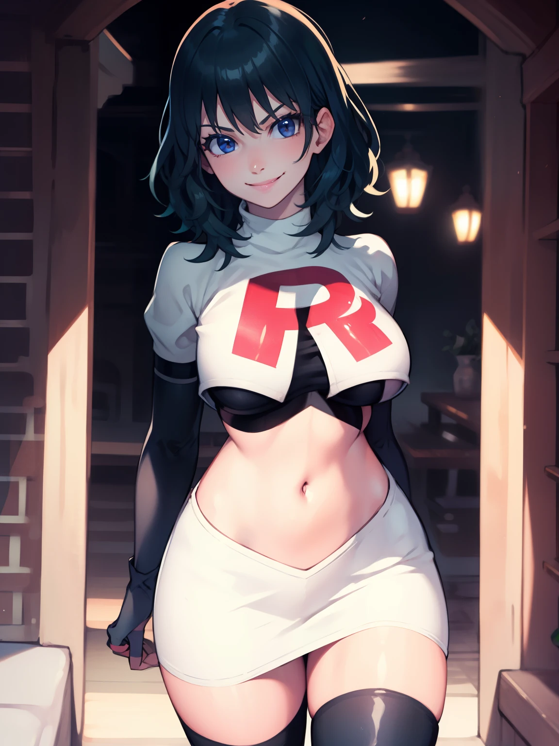 fembyleth,short hair ,glossy lips ,team rocket uniform, red letter R, white skirt,white crop top,black thigh-high boots, black elbow gloves, evil smile, looking at viewer, cowboy shot