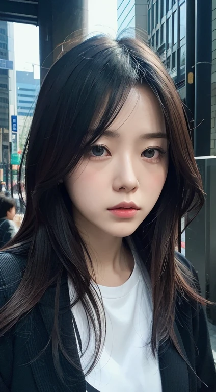 slg game building ,japan city, sad female adult exploring a bustling cityscape,  ,32k, best quality, masterpiece, extreme detail, high details xing, A digital art inspired by Ryoji Ikeda. symmetrical portrait with analog glitch effect