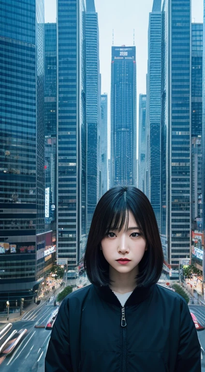 slg game building ,japan city, sad female adult exploring a bustling cityscape, ,32k, best quality, masterpiece, extreme detail, high details xing, A digital art inspired by Ryoji Ikeda. symmetrical portrait with analog glitch effect