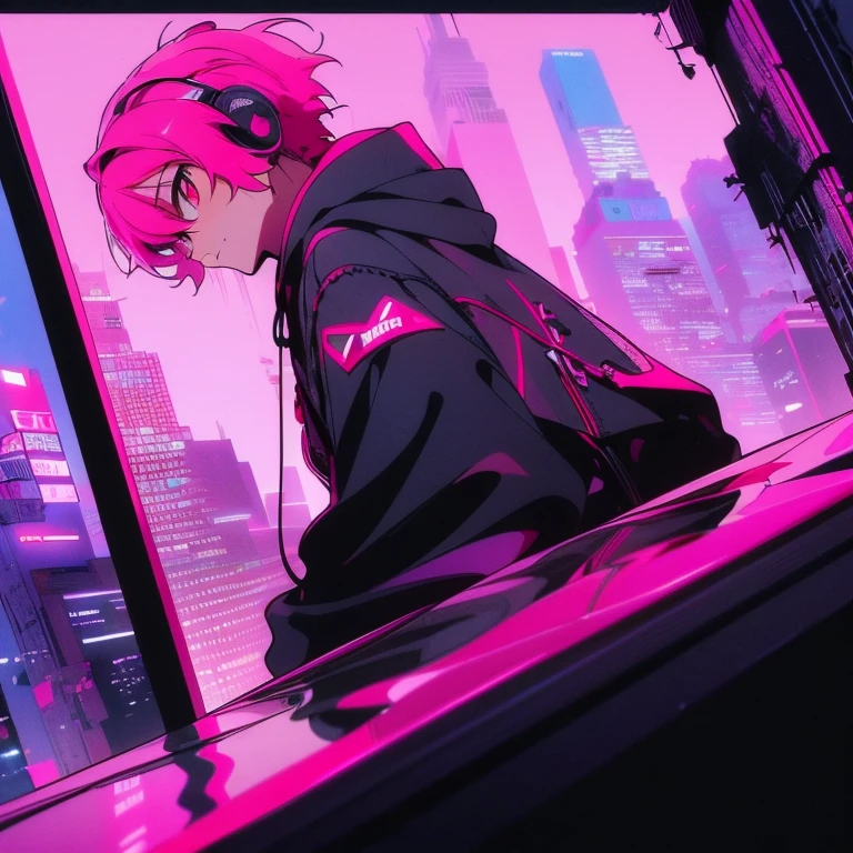 (short-cut), (Two-block hair), (vivid pink hair), (male character), (Red Eyes), (Cool pose), (of the highest quality), (masterpiece), (ultra-detailliert), (Oversized hoodies), (Street), (neons), (Camera from a down angle), (Modern City), (neonsデイライト), (Cinematic), (Stylish), (hight resolution), (Hyper Detailed), (Looking at the camera), (Anime-style), (Softtown), (nightcore), (a handsome man), (Listening to music through headphones), (natural appearance of the building), (casual), (ig studios anime style), (Reflection Pose),
