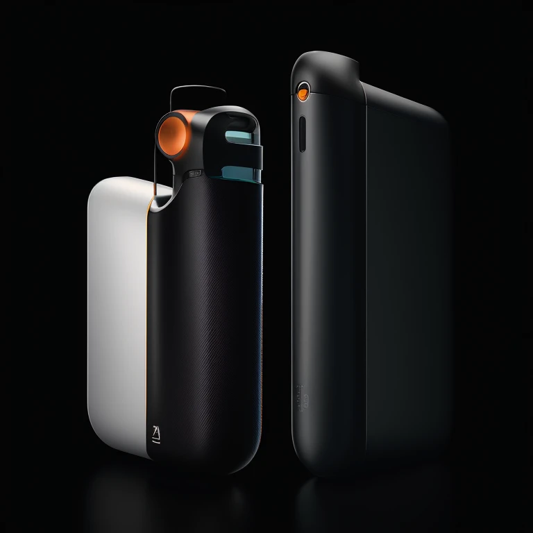 emauromin style, futuristic Intranasal device, Injection Molded Spray Mechanism, nozzle attachment, pocket size, liquid atomizer spray device, drug, electronic, led light, detailed, water tracking screen, scroll wheel knob, cylinder shaped amber glass bottle, Black Carbon Fiber Texture, Spring Steel Pocket Clip, Rubber Gasket, Flexible Mouthpiece, Sealing Nosepiece, Spectrum Gradient Color, Digital SLR, Soft lighting, High quality, Fujifilm XT3, Soft light, finely detailed, purism, ue 5, a computer rendering, minimalism, octane render, 4k