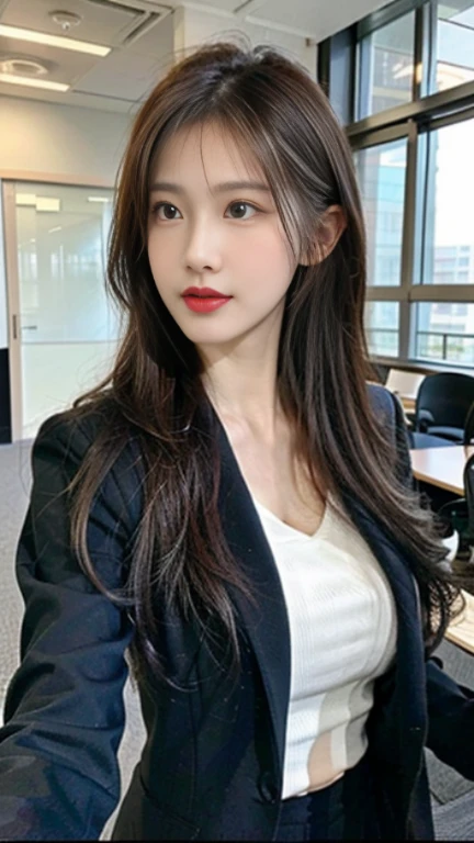 (best qualtiy,8K,32K,tmasterpiece,hyper HD:1.2),1girll,beautiful Korean women,big breasts thin waist,Business Suit,Open jacket,office lady,Business Suit,trouser,from the front side,Office room,(Stick out your chest:1.2),详细的脸,long brown hair