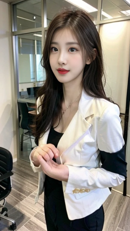 (best qualtiy,8K,32K,tmasterpiece,hyper HD:1.2),1girll,beautiful Korean women,big breasts thin waist,Business Suit,Open jacket,office lady,Business Suit,trouser,from the front side,Office room,(Stick out your chest:1.2),详细的脸,long brown hair