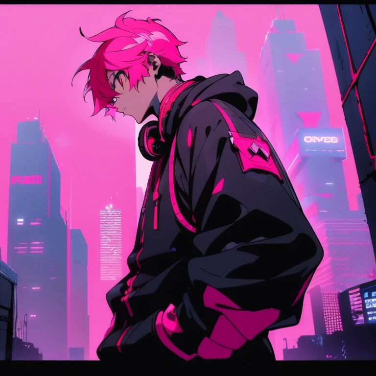 (short-cut), (Two-block hair), (vivid pink hair), (male character), (Red Eyes), (Cool pose), (of the highest quality), (masterpiece), (ultra-detailliert), (Oversized hoodies), (Street), (neons), (Camera from a down angle), (Modern City), (neonsデイライト), (Cinematic), (Stylish), (hight resolution), (Hyper Detailed), (Looking at the camera), (Anime-style), (Softtown), (nightcore), (a handsome man), (Listening to music through headphones), (natural appearance of the building), (casual), (ig studios anime style), (fighting poses),
