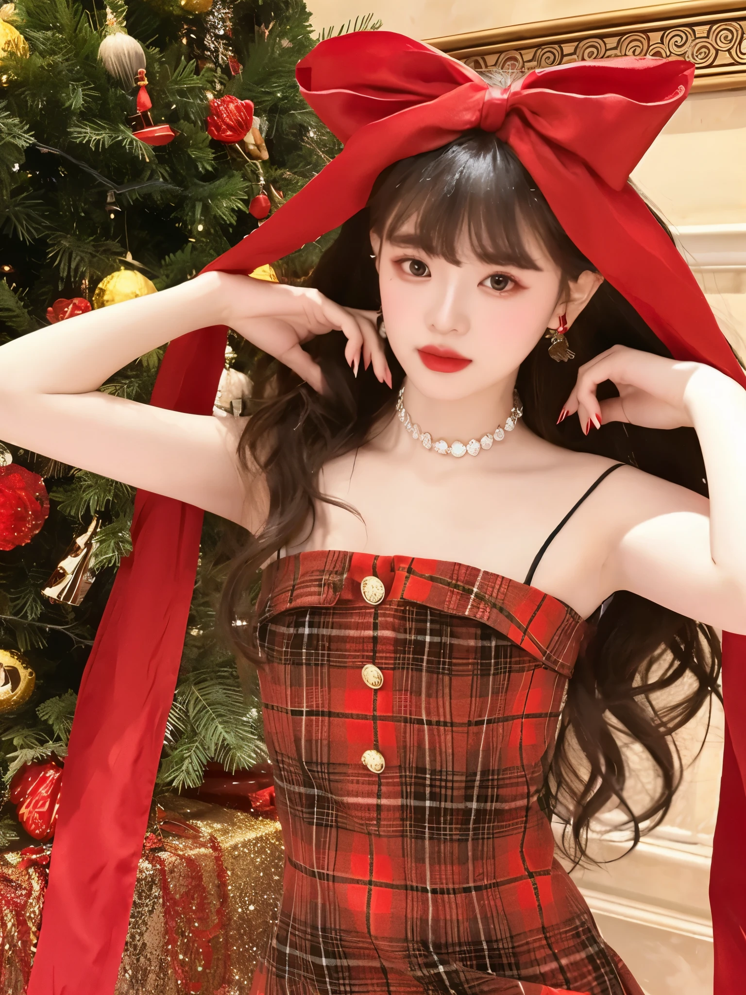 araffe dressed in a plaid dress and a red bow, ulzzang, jia, dilraba dilmurat, sha xi, wearing a red plaid dress, trending at cgstation, belle delphine, lalisa manobal, trending on cgstation, cai xukun, 2 0 2 0 fashion, 🍁 cute, rin tohsaka