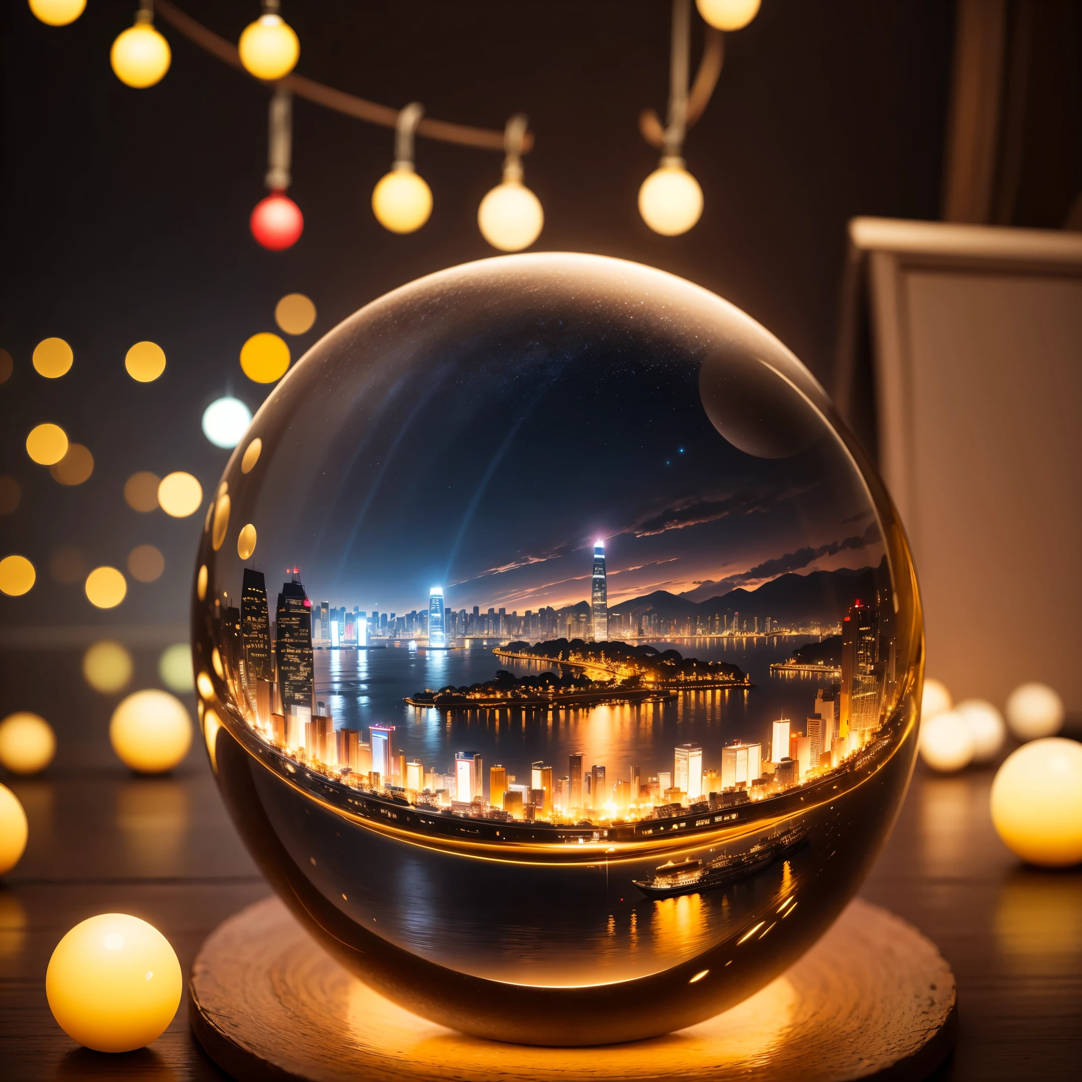 Ultra photo realsisim,16K high resolution,(maximum sharpness focus:1.3),(Maximum close-up:1.5),Close up crystal ball(Victoria harbour,nighttime scene,Christmas lights,未来派城市的nighttime scene被困在水晶球中,The base is on the table:1.7),(Victoria harbour,Shining light,black cloud,galactic,whist:1.5)