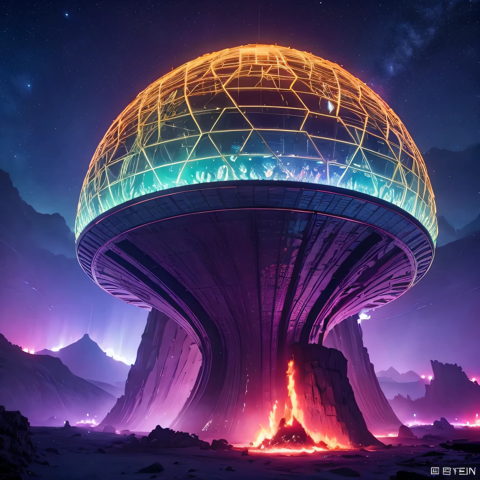 Alien Hexagonal Base (very detailed nipples) In a hexagonal mountain oasis,There are several hexagonal exhaust fans and chimneys, some neon lights projecting from the base,Light up the dark night), There are some clouds in the night sky, Some surrounding planets provide air to unknown planets,The most remote giant hexagonal volcano erupts,the rainforest