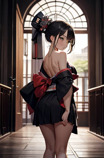 (masterpiece), standing, arched back,sexy ,kimono:0.7,undressed shoulders,best quality, expressive eyes, perfect face, accidental exposure, skirt lift, clothes_pull,