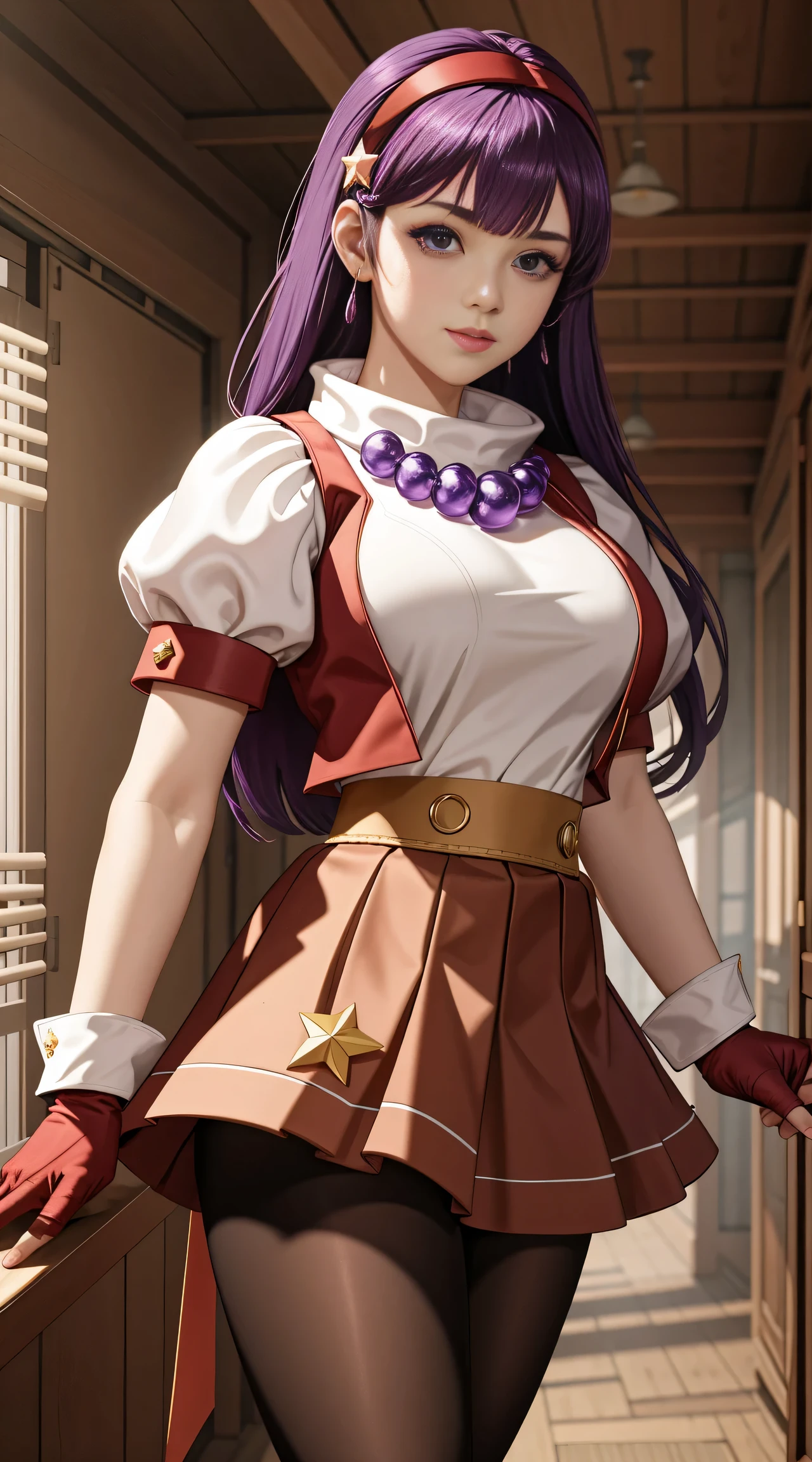 asamiya_white_top_ownwaifu,hairband,long hair,purple hair,gloves,fingerless gloves,purple eyes,red hairband,jewelry,star (symbol),hair ornament,pantyhose,skirt ,star hair ornament,breasts,earrings,vest,short sleeves,necklace,red skirt,bangs,large breasts,red gloves,puffy sleeves,shirt,white shirt,
masterpiece,best quality,ultra detailed, 8k, cinematic light,highly detailed, scenery,pose,solo,looking at viewer,