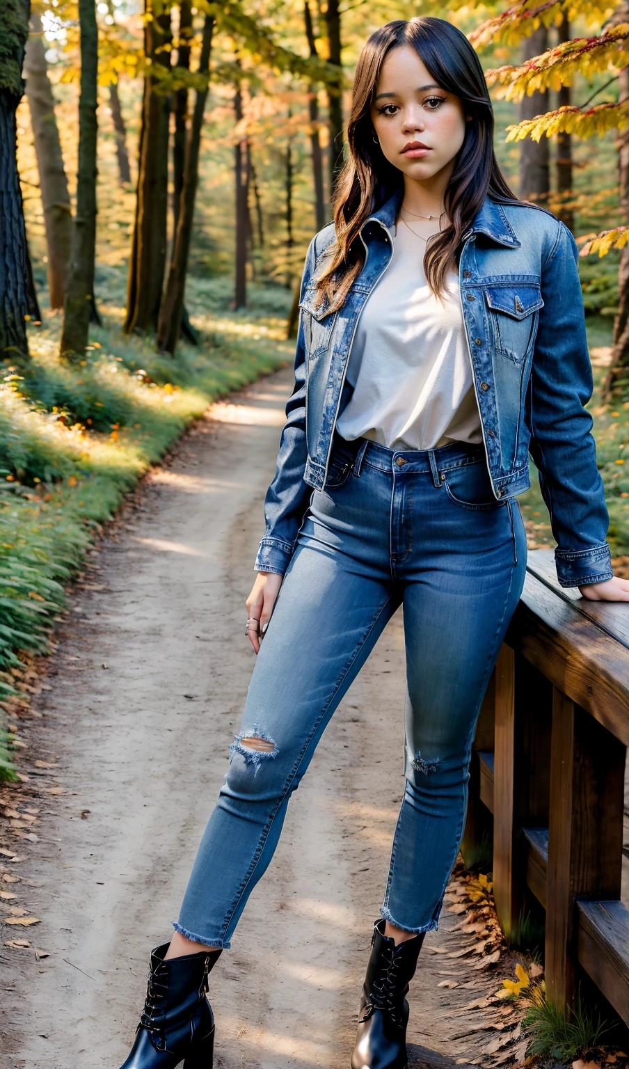 Masterpiece, stunning realistic, beste quality,sharpness,sharp face,photorealistic, photorealism, 1 girl,jenna ortega,stehend in einem Wald im Herbst,hemdjacke,jeans ober the boots,boots,sexy body,straight hair,