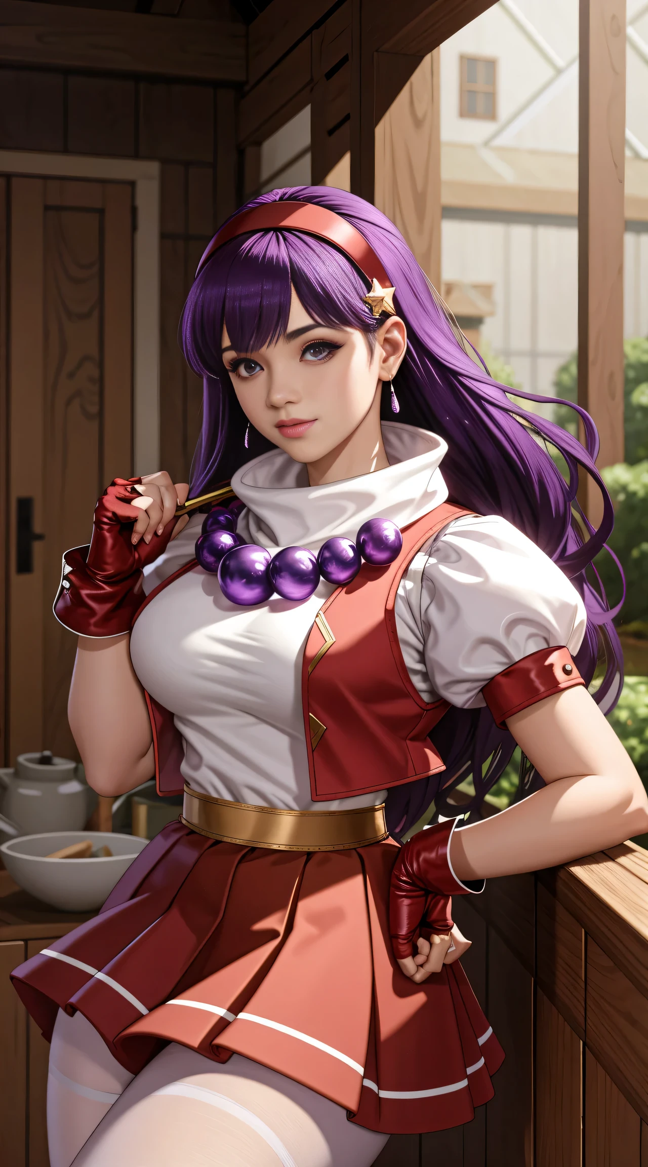 asamiya_white_top_ownwaifu,hairband,long hair,purple hair,gloves,fingerless gloves,purple eyes,red hairband,jewelry,star (symbol),hair ornament,pantyhose,skirt ,star hair ornament,breasts,earrings,vest,short sleeves,necklace,red skirt,bangs,large breasts,red gloves,puffy sleeves,shirt,white shirt,
masterpiece,best quality,ultra detailed, 8k, cinematic light,highly detailed, scenery,pose,solo,looking at viewer,