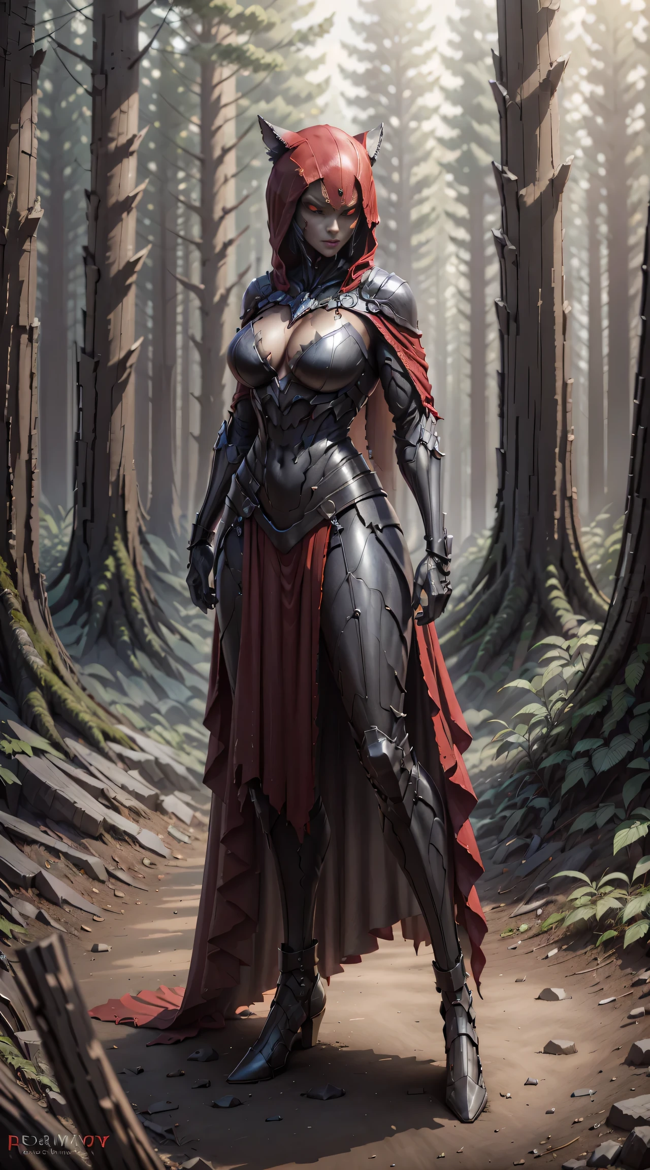 Red Riding Hood becoming the Big Bad Wolf, big breasts, frontal, full-length, looking at the camera, facing the audience, standing pose, forest background, three-dimensional light, detailed full-body concept, sleek digital concept art, beautiful full-body concept art, art trend, CGsociety full-length,