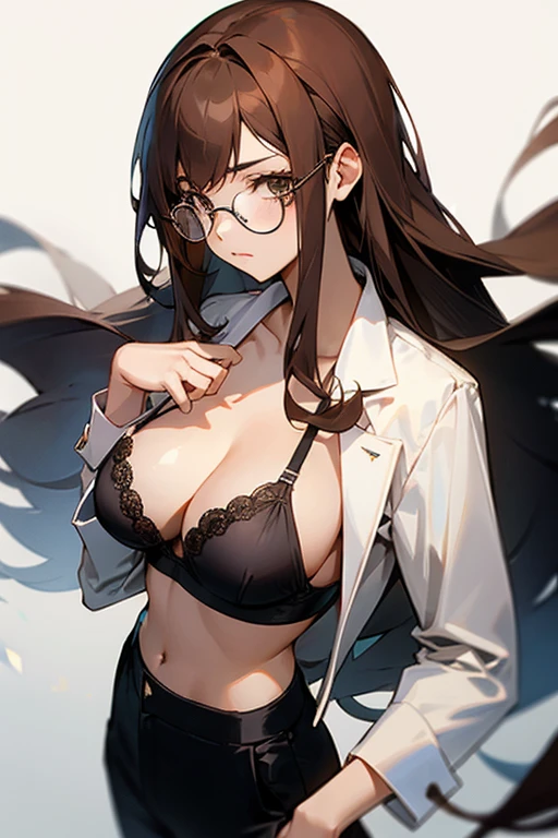 1girl, long hair, brown hair, large chest, white shirt, black pants, suit pants, glasses, anime, shear top, black bra, lace bra