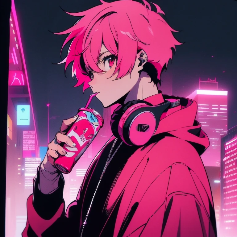 (short-cut), (Two-block hair), (vivid pink hair), (male character), (Red Eyes), (Cool pose), (of the highest quality), (masterpiece), (ultra-detailliert), (Oversized hoodies), (Street), (neons), (Camera from a down angle), (Modern City), (neonsデイライト), (Cinematic), (Stylish), (hight resolution), (Hyper Detailed), (Looking at the camera), (Anime-style), (Softtown), (nightcore), (a handsome man), (Listening to music through headphones), (natural appearance of the building), (casual), (ig studios anime style), (Pose drinking canned juice),