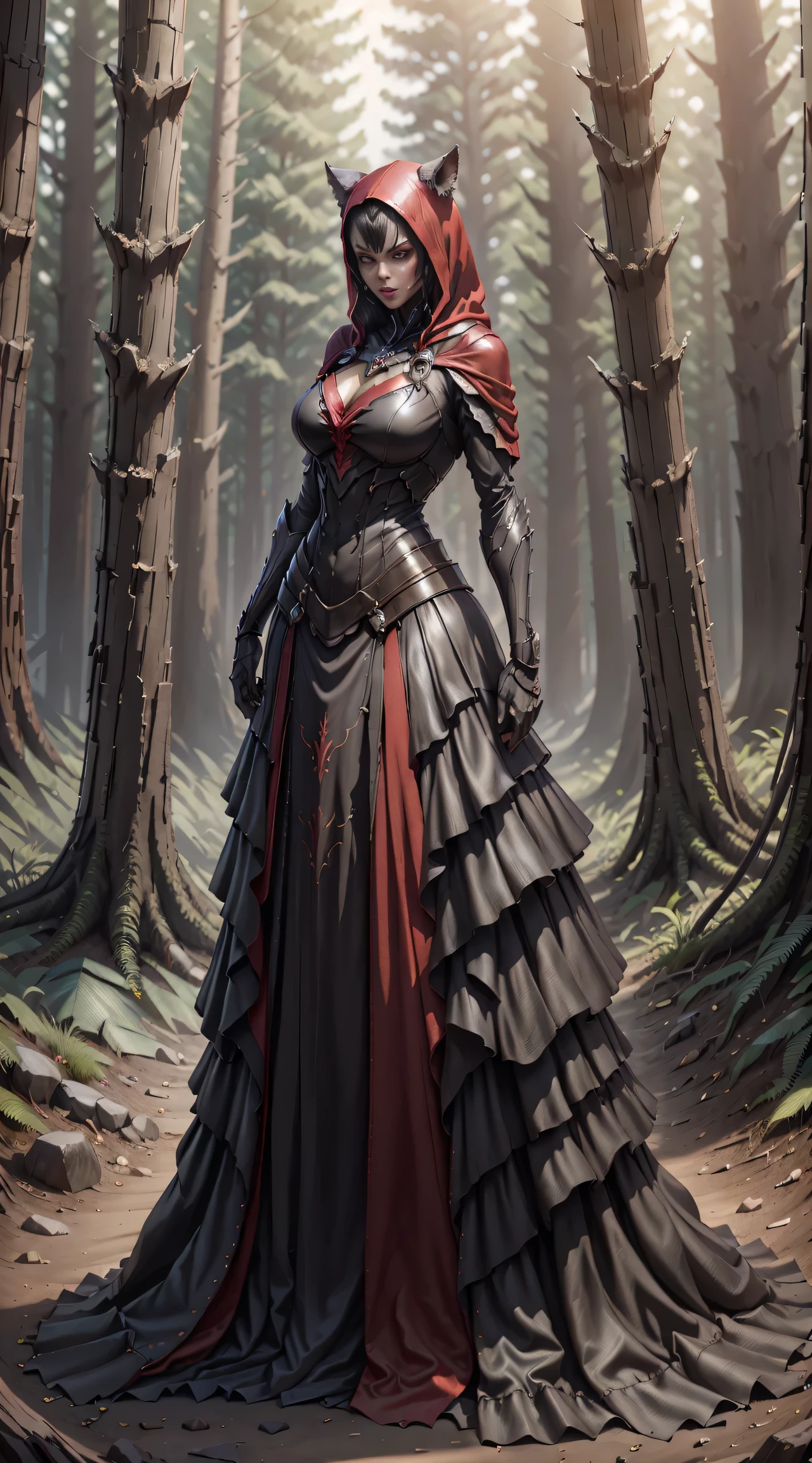 Red Riding Hood becoming the Big Bad Wolf, big breasts, frontal, full-length, looking at the camera, facing the audience, standing pose, forest background, three-dimensional light, detailed full-body concept, sleek digital concept art, beautiful full-body concept art, art trend, CGsociety full-length,