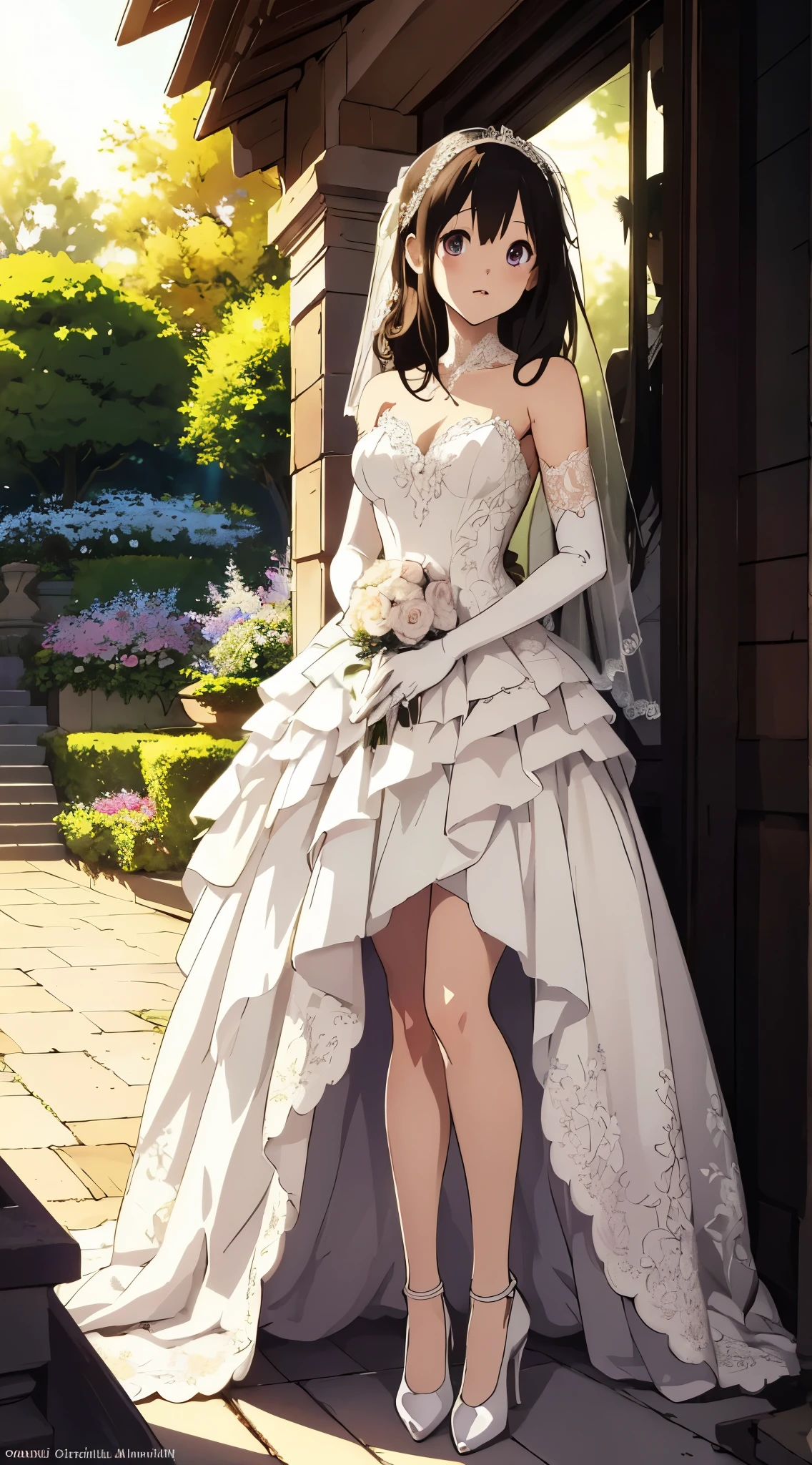 masterpiece, best quality, illustration, highly detailed, chitanda_eru, beautiful detailed eyes, garden, full body, wedding dress, glossy lips, makeup, perfect lighting, elbow gloves, high heels