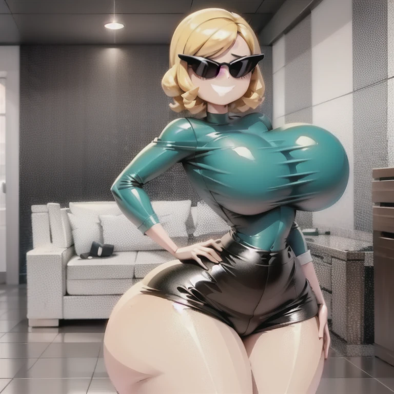 masterpiece, best quality, sunnification, 1girl, solo, breasts, sunglasses, smile, thighs, curvy, wide hips, narrow waist, mature female, curly hair, very short hair, blonde hair, swept bangs, blue eyes, sunglasses, green shirt, long sleeves, denim, upper body, living room, hands on hips, looking at viewer