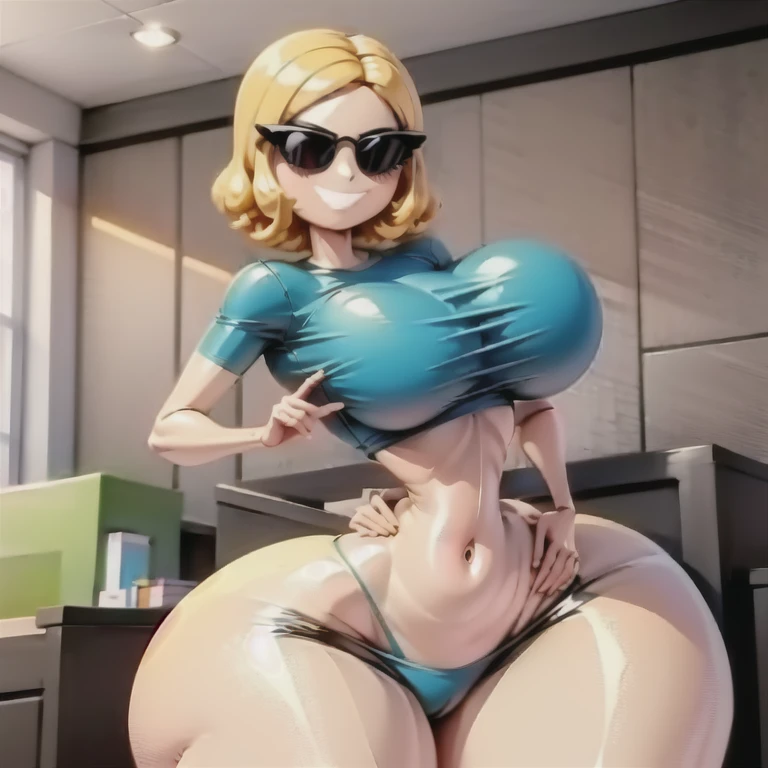 masterpiece, best quality, sunnification, 1girl, solo, , sunglasses, smile, thighs, curvy, wide hips, narrow waist, mature , curly hair, very short hair, blonde hair, swept bangs, blue eyes, sunglasses, green shirt, long sleeves, denim, upper body, living room, hands on hips, looking at viewer