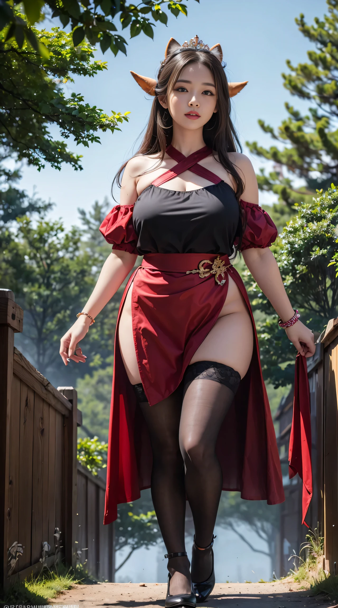 独奏,1 Orcs, Super tall,The temperament of a queen,tmasterpiece,best qualityer,Hyper-detailing,Full body illustration,Fine and detailed eyes and detailed face) garments:There are animal ears,Mature female orcs,cruel grin,There are clothes on the upper body,Wrap the whole body,The lower body is wearing animal skin shorts,Pantyhose, Show stockings,allure:Tall,Plump body,Wide buttock,Large,Strong,There are muscles,Very high,Go ahead,(big assa:1.3),(thick thight:1.3),Taller than a tree,Clouduilding
