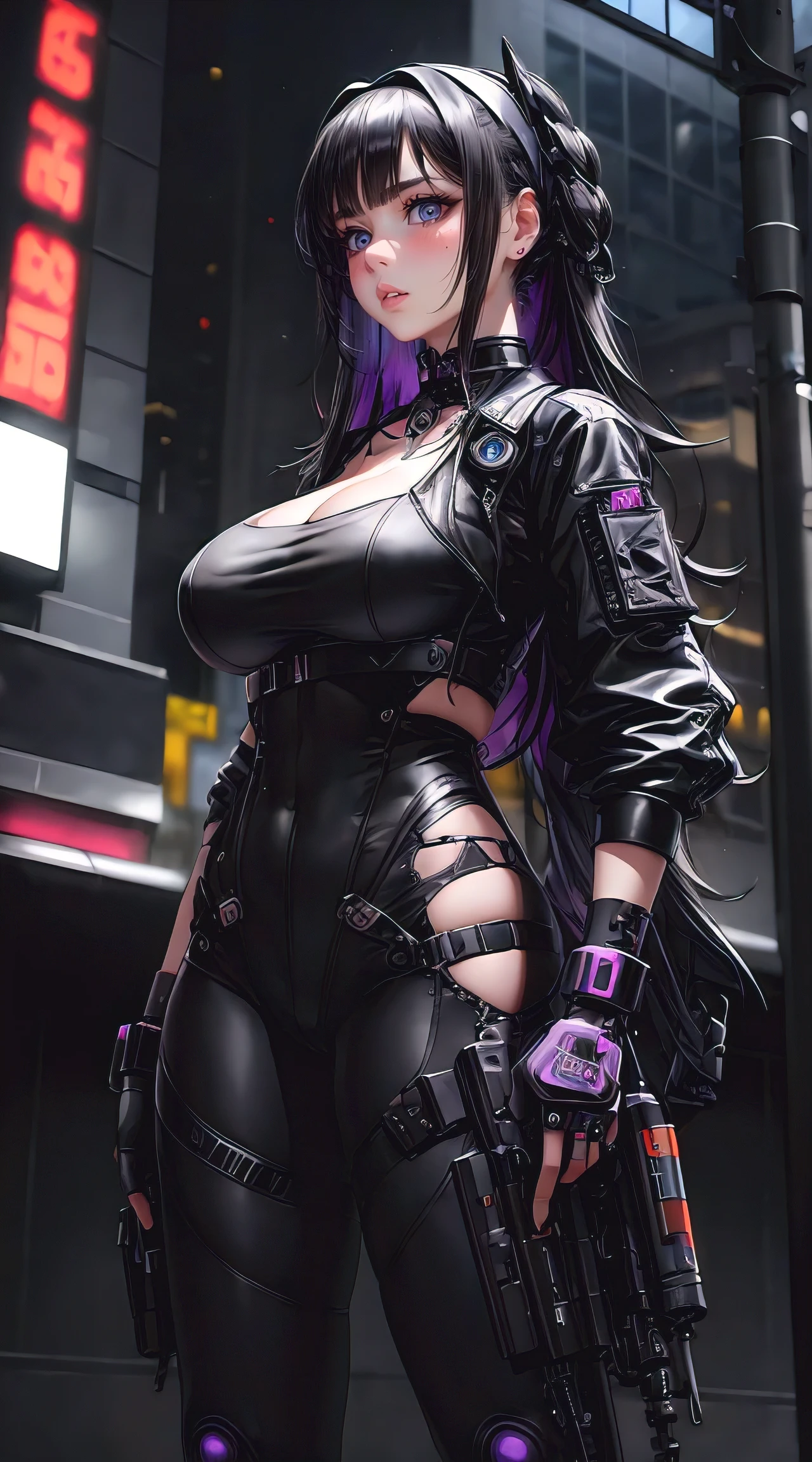 (masterpiece, best quality), futuristic, steelpunk, pastel goth, intricate tactical techwear, neon accents, fashionable, stylish, perfect slim fit body, big breasts, asymmetrical bangs, wavy hair, hairband, choker, bracelet, city streets, standing pose, contrapposto, dynamic lighting