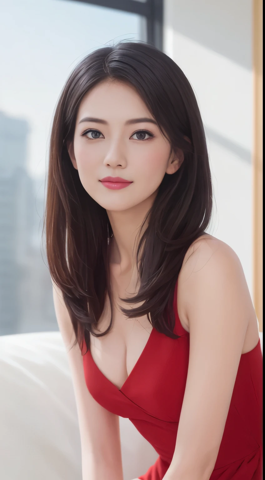 A close up of a woman in a red dress sitting on a couch - SeaArt AI