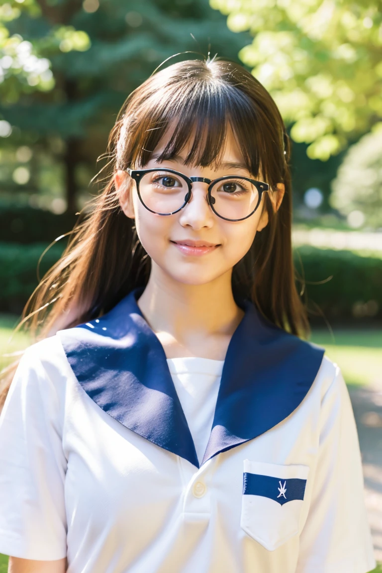Close up portrait of woman walking in park in sailor suit、Japan Person Model、Young gravure idols、Young cute gravure idol、Realistic Young Gravure Idol、Realistic gravure idol、Young gravure idols、sophisticated gravure idol、put on glasses、15yo student、