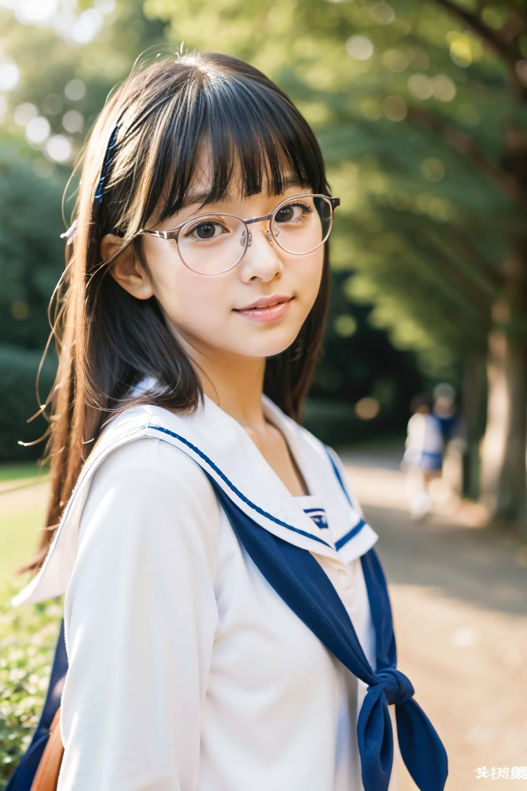 Close up portrait of woman walking in park in sailor suit、Japan Person Model、Young gravure idols、Young cute gravure idol、Realistic Young Gravure Idol、Realistic gravure idol、Young gravure idols、sophisticated gravure idol、put on glasses、、