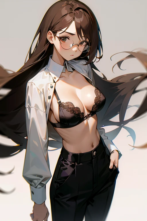 1girl, long hair, brown hair, large chest, white shirt, black pants, suit pants, glasses, anime, shear top, black bra, lace bra, removing pants