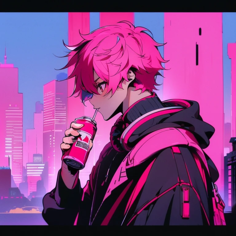 (short-cut), (Two-block hair), (vivid pink hair), (male character), (Red Eyes), (Cool pose), (of the highest quality), (​masterpiece), (ultra-detailliert), (Oversized hoodies), (Street), (neons), (Camera from a down angle), (Modern City), (neonsデイライト), (Cinematic), (Stylish), (hight resolution), (Hyper Detailed), (Looking at the camera), (Anime-style), (Softtown), (nightcore), (a handsome man), (Listening to music through headphones), (natural appearance of the building), (casual), (ig studios anime style), (Pose drinking canned juice),