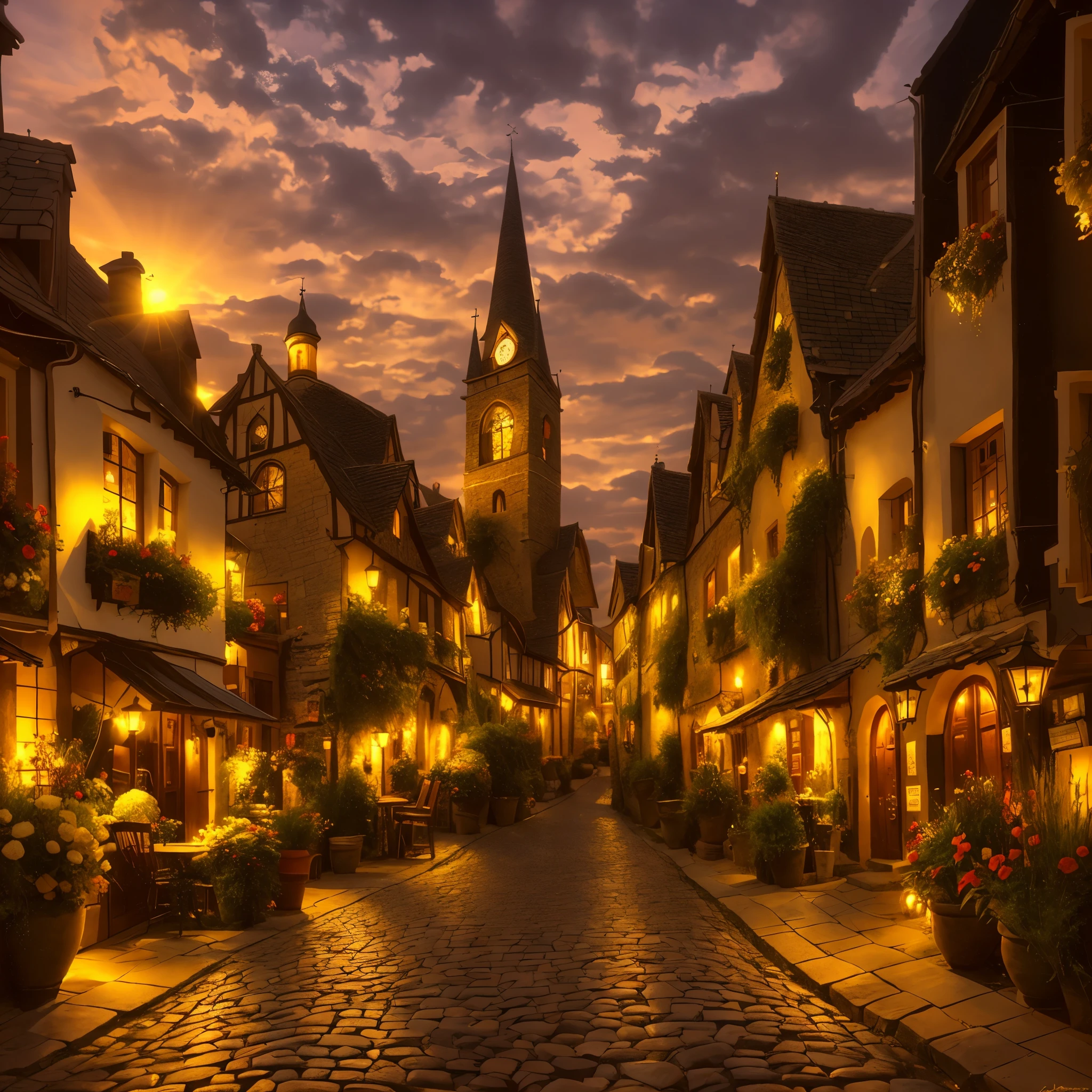 Rough cobblestone street with clock tower in the background々Nice view, Karl Hofer, quaint village, Carl Hageddon, Magical atmosphere, fairy tale place, by Juergen von Huendeberg, quaint, by Arthur Pan, a bustling magical town, beautiful high resolution, medeival fantasy town, by Adrian Zingg