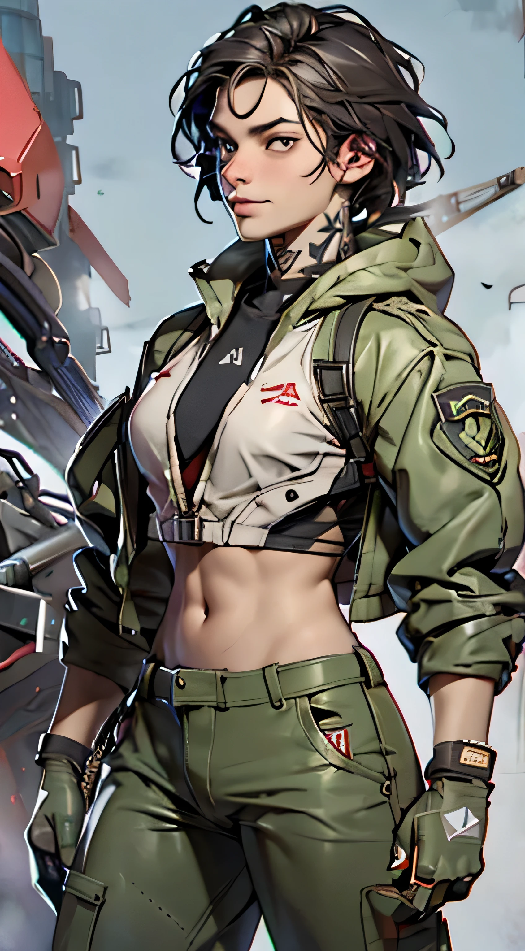 11:23(((Best quality at best: 1.4))),(Unbeatable masterpiece), (hyper HD),(Hyper-realistic 8k CG)、（dark colored hair） ((( body))), (((1 girl in))), 25-year-old American soldier with perfect body,,Beautiful and well-groomed face,muscular body:1.2,detailed solid color jacket, (Pictures from head to thighs)， Complex equipment, Dark Green，long trousers，The clothes inside are dark，Clothes with armored metal electronic parts, Poison tattoos )