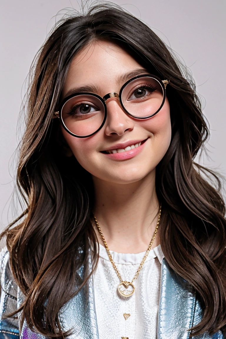 cute girl, cabelo preso, cabelo solto, modern accessories , Eyeglasses, olhos detalhados, sorriso detalhados, detalhes detalhados, Holographic, fundo claro e simples