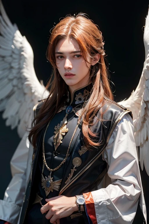 Handsome angel man, cabello naranja, ojos oscuros, 20 year, Cabello largo, masculino, 8k, 4 alas, hombre americano