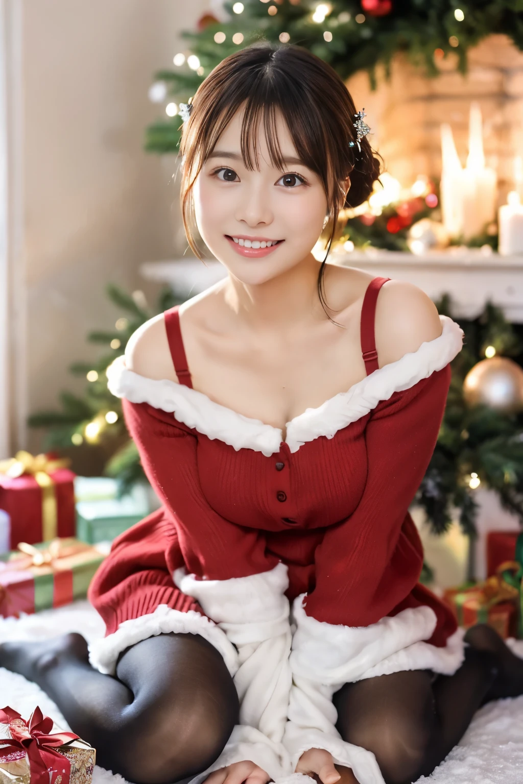 ulzzang -6500-v1.1, (Raw photo:1.2), (Photorealsitic), a beautiful detailed girl, (Real: 1.4), ighly detailedな目と顔, beatiful detailed eyes, (girl in a red strapless dress, Standing in front of a beautifully decorated Christmas tree),, ((Ultra-realistic pantyhose:1.2)), Squat on the floor、selfee、Instagram、game_nffsw, huge filesize, hight resolution, ighly detailed, top-quality, [​masterpiece:1.6], illustratio, ighly detailed, nffsw, finely detail, top-quality, 8k wallpaper, Cinematographic lighting, 1girl in, , perfect body type, cute droopy eyes beautiful big eyes、Pieckfinger, ((masutepiece)), Best Quality, 1girl in, eye shadow,  Idol makeup、Portrait, ((FULL BODYSHOT:1.4))、(Very affectionate smile:1.2)、realistic skin textures、shinny skin、Exposed thighs!!! Christmas,Fun atmosphere,Twinkling lights,soft snowflakes fall,Best Quality,4K,Ultra-detailed,Vibrant colors,pine scent,Cozy,romantic,Cheerful,breathtaking scenery,Warmth,Happiness,Magical,Holiday spirit,Winter wonderland,pure love and kindness.、off shoulders、I keep my hair up and short、a baby fel
