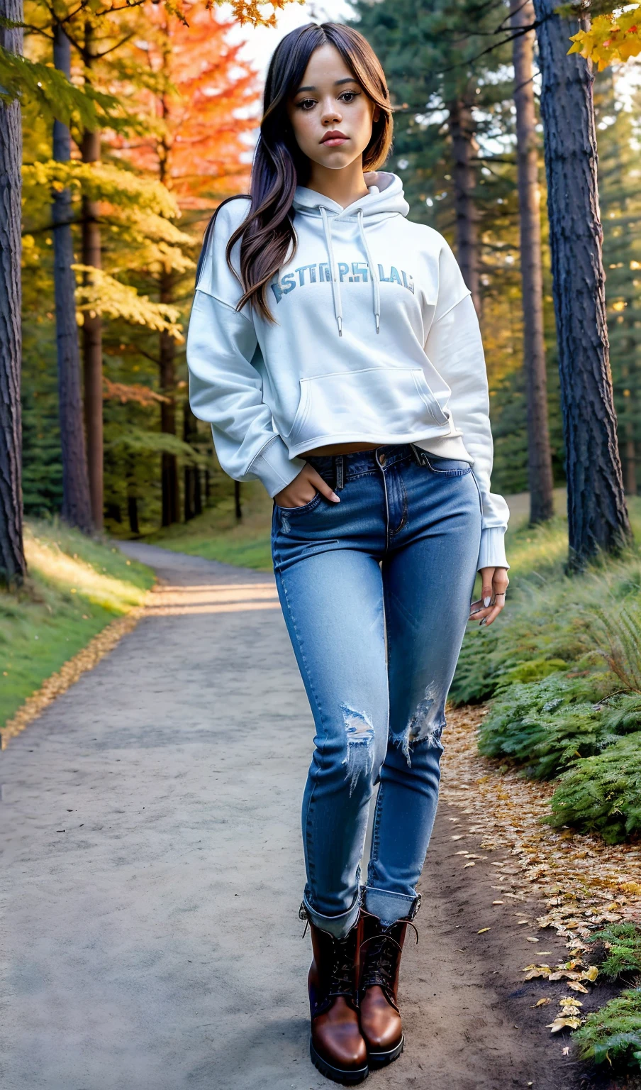 Masterpiece, stunning realistic, beste quality,sharpness,sharp face,photorealistic, photorealism, 1 girl,jenna ortega,stehend in einem Wald im Herbst,ovrrsized hoodie,large baggy jeans,boots,sexy body,straight hair,