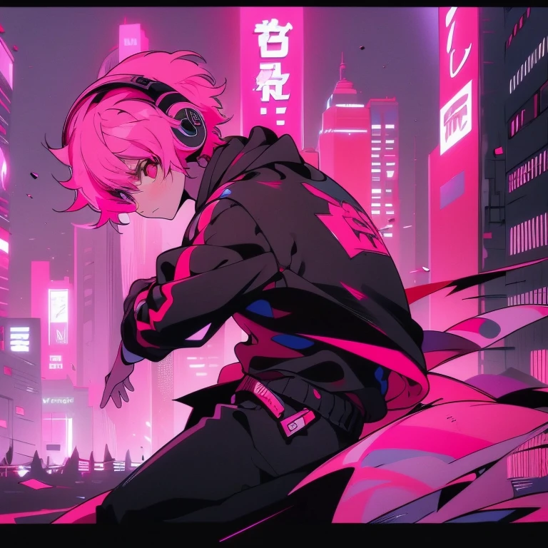 (short-cut), (Two-block hair), (vivid pink hair), (male character), (Red Eyes), (Cool pose), (of the highest quality), (masterpiece), (ultra-detailliert), (Oversized hoodies), (Street), (neons), (Camera from a down angle), (Modern City), (neonsデイライト), (Cinematic), (Stylish), (hight resolution), (Hyper Detailed), (Looking at the camera), (Anime-style), (Softtown), (nightcore), (a handsome man), (Listening to music through headphones), (natural appearance of the building), (casual), (ig studios anime style), (Dancing Pose),