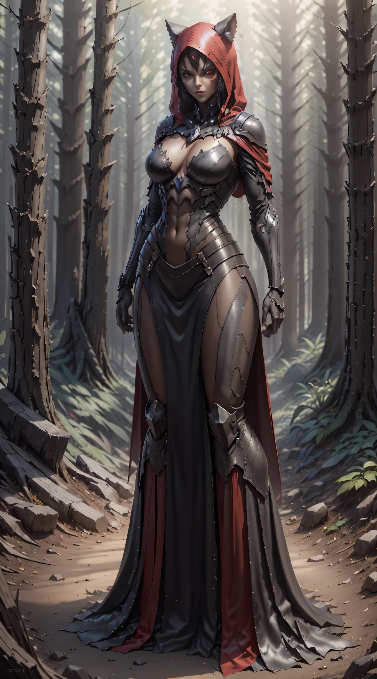 Red Riding Hood becoming the Big Bad Wolf, big breasts, frontal, full-length, looking at the camera, facing the audience, standing pose, forest background, three-dimensional light, detailed full-body concept, sleek digital concept art, beautiful full-body concept art, art trend, CGsociety full-length,