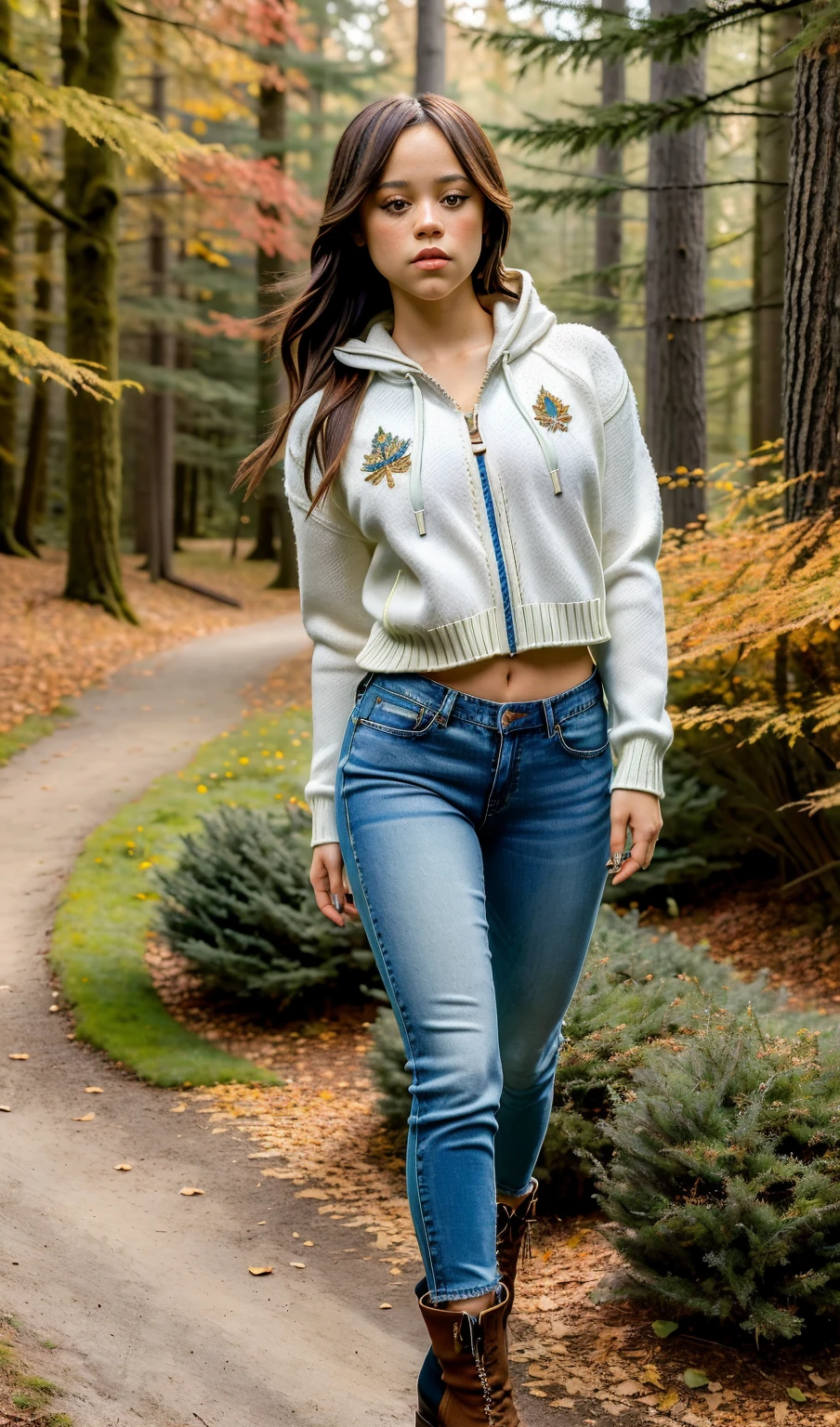 Masterpiece, stunning realistic, beste quality,sharpness,sharp face,photorealistic, photorealism, 1 girl,jenna ortega,stehend in einem Wald im Herbst,open zip hoodie ,cropped knitted sweater,lockere jeans,boots,sexy body,straight hair,